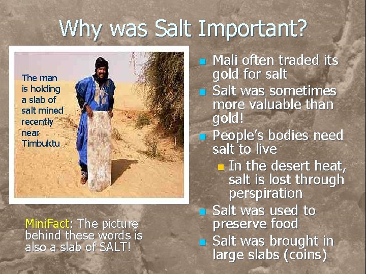 Why was Salt Important? n The man is holding a slab of salt mined