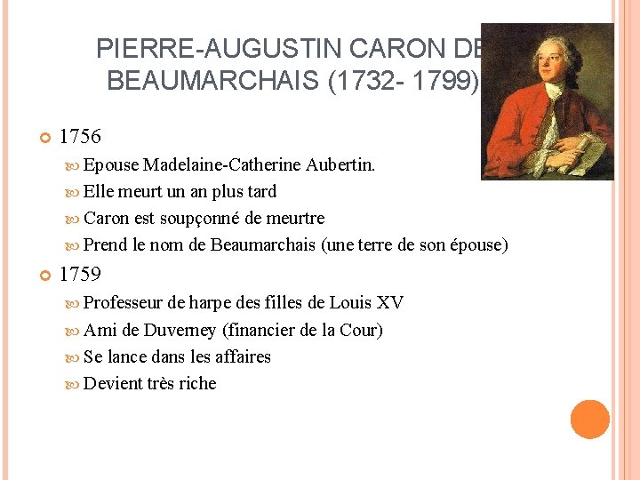 PIERRE-AUGUSTIN CARON DE BEAUMARCHAIS (1732 - 1799) 1756 Epouse Madelaine-Catherine Aubertin. Elle meurt un