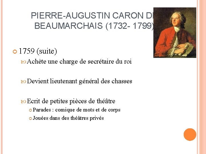 PIERRE-AUGUSTIN CARON DE BEAUMARCHAIS (1732 - 1799) 1759 (suite) Achète une charge de secrétaire