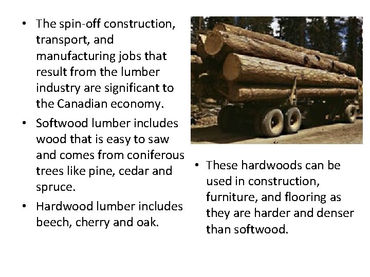  • The spin-off construction, transport, and manufacturing jobs that result from the lumber