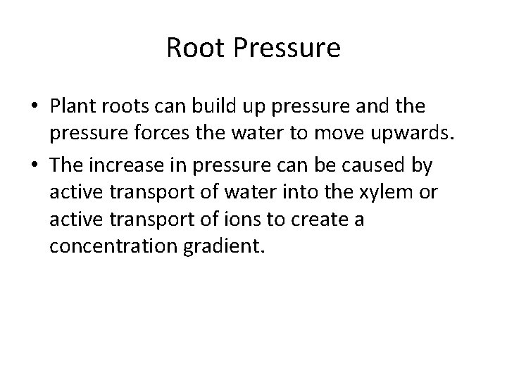 Root Pressure • Plant roots can build up pressure and the pressure forces the