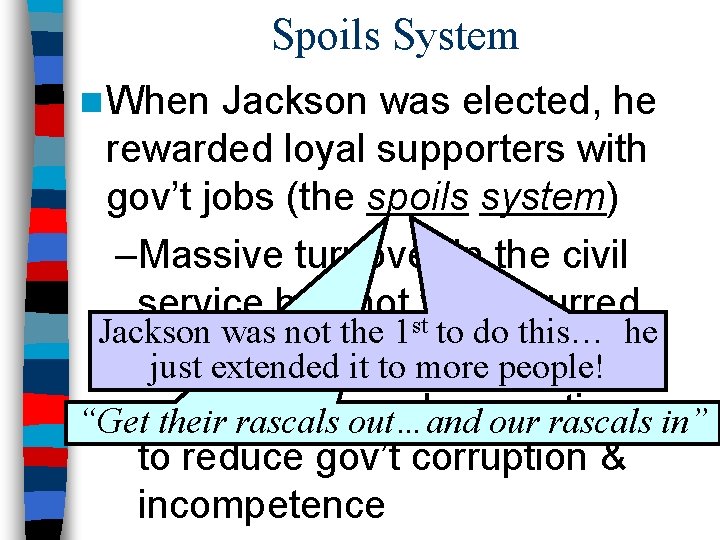 Spoils System n When Jackson was elected, he rewarded loyal supporters with gov’t jobs