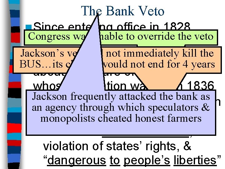 The Bank Veto n Since entering office in 1828, Congress was unable to override