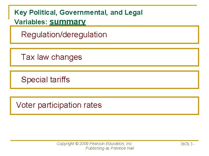 Key Political, Governmental, and Legal Variables: summary Regulation/deregulation Tax law changes Special tariffs Voter