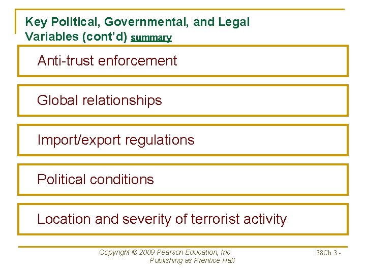 Key Political, Governmental, and Legal Variables (cont’d) summary Anti-trust enforcement Global relationships Import/export regulations