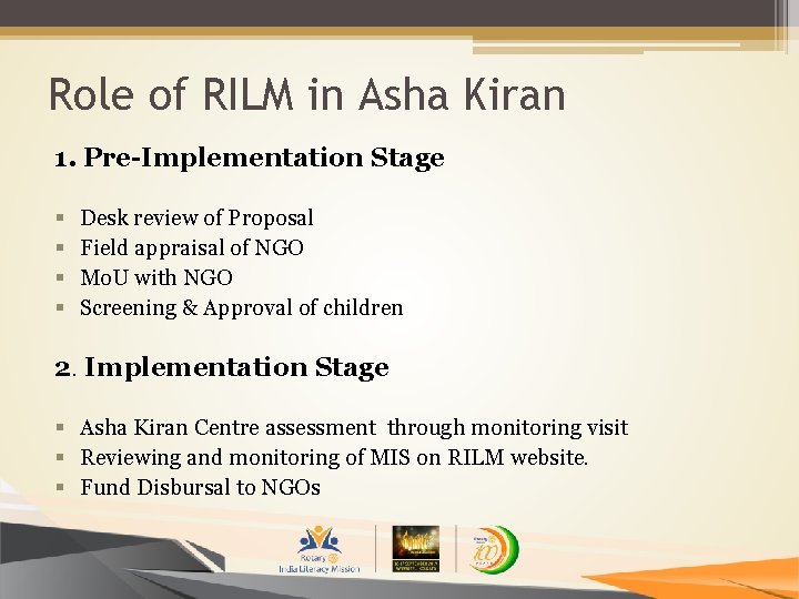 Role of RILM in Asha Kiran 1. Pre-Implementation Stage § § Desk review of