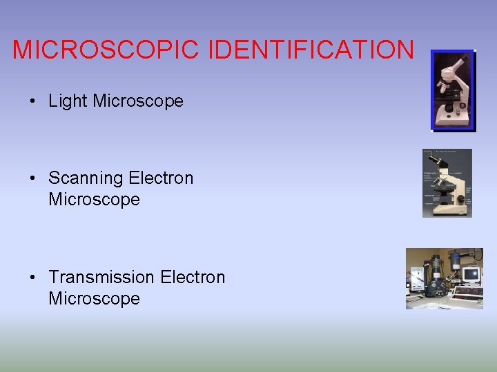 MICROSCOPIC IDENTIFICATION • Light Microscope • Scanning Electron Microscope • Transmission Electron Microscope 