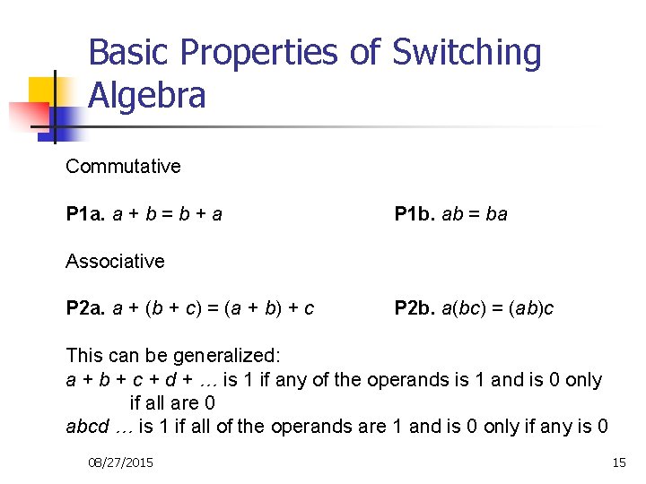 Basic Properties of Switching Algebra Commutative P 1 a. a + b = b Basic Properties of Switching Algebra Commutative P 1 a. a + b = b