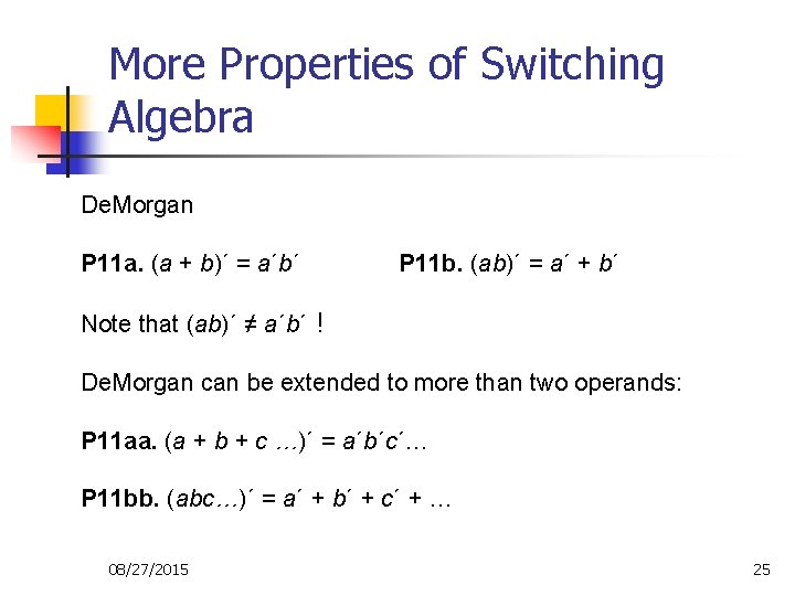 More Properties of Switching Algebra De. Morgan P 11 a. (a + b)´ = More Properties of Switching Algebra De. Morgan P 11 a. (a + b)´ =