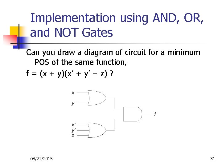 Implementation using AND, OR, and NOT Gates Can you draw a diagram of circuit Implementation using AND, OR, and NOT Gates Can you draw a diagram of circuit