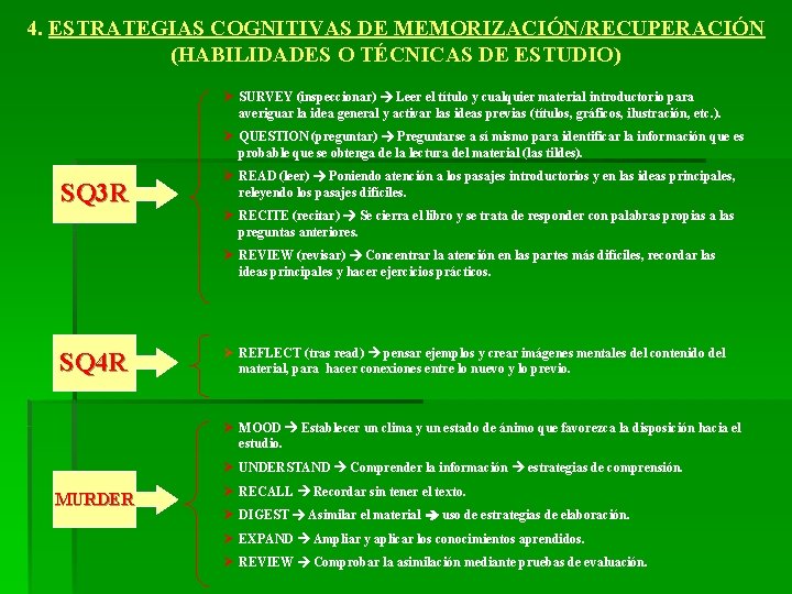 4. ESTRATEGIAS COGNITIVAS DE MEMORIZACIÓN/RECUPERACIÓN (HABILIDADES O TÉCNICAS DE ESTUDIO) Ø SURVEY (inspeccionar) Leer