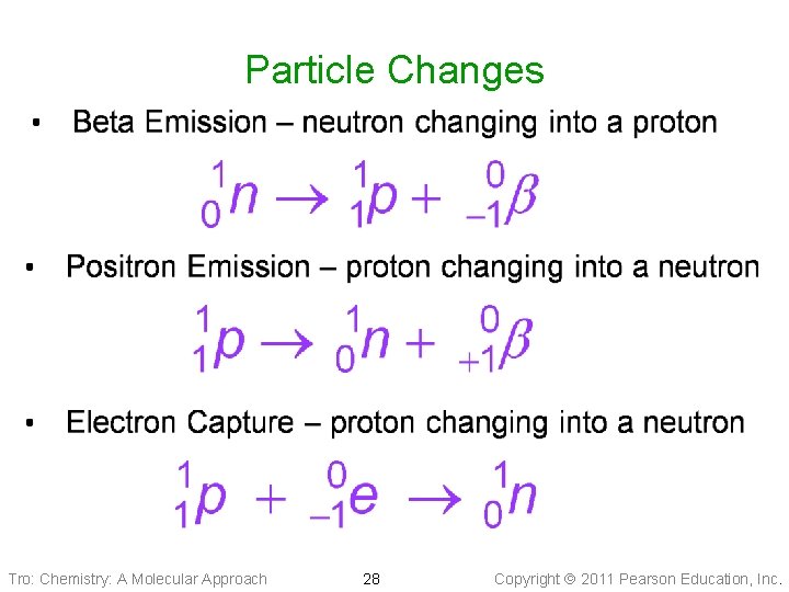 Particle Changes Tro: Chemistry: A Molecular Approach 28 Copyright 2011 Pearson Education, Inc. 