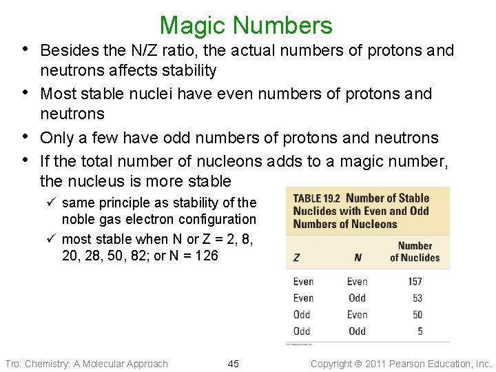 Magic Numbers • Besides the N/Z ratio, the actual numbers of protons and •