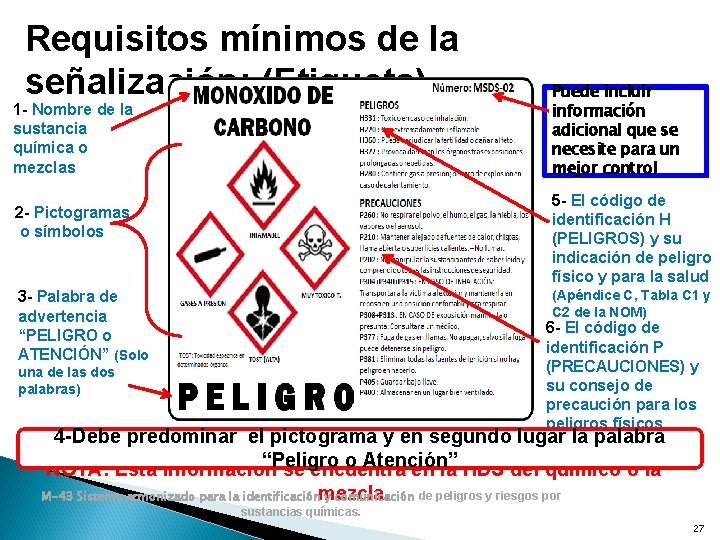 Requisitos mínimos de la señalización: (Etiqueta) 1 - Nombre de la sustancia química o Requisitos mínimos de la señalización: (Etiqueta) 1 - Nombre de la sustancia química o
