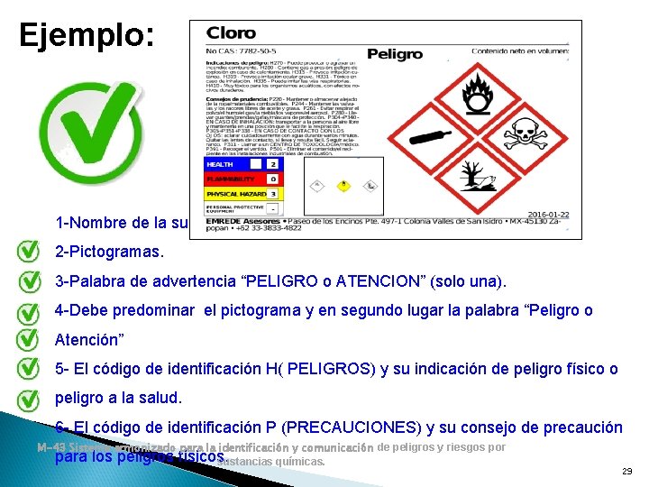 Ejemplo: 1 -Nombre de la sustancia química o mezcla. 2 -Pictogramas. 3 -Palabra de Ejemplo: 1 -Nombre de la sustancia química o mezcla. 2 -Pictogramas. 3 -Palabra de