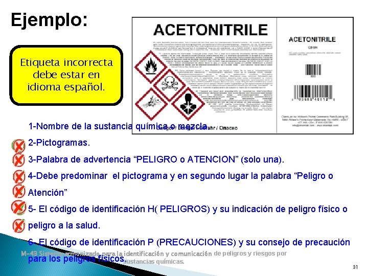 Ejemplo: Etiqueta incorrecta debe estar en idioma español. 1 -Nombre de la sustancia química Ejemplo: Etiqueta incorrecta debe estar en idioma español. 1 -Nombre de la sustancia química