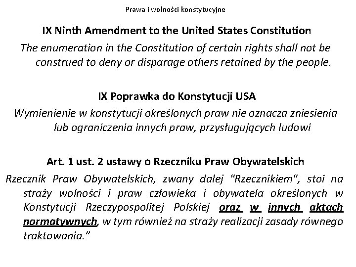 Prawa i wolności konstytucyjne IX Ninth Amendment to the United States Constitution The enumeration