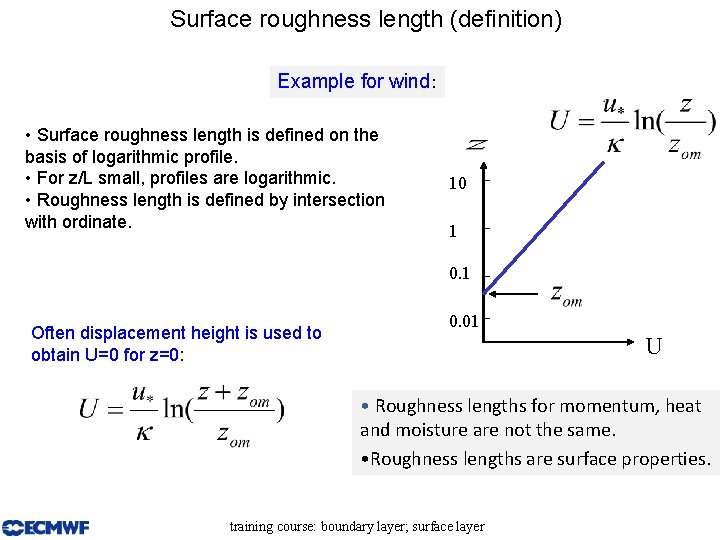 Surface roughness length (definition) Example for wind: • Surface roughness length is defined on