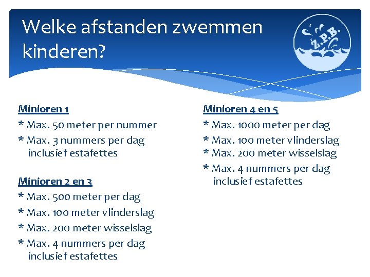 Welke afstanden zwemmen kinderen? Minioren 1 * Max. 50 meter per nummer * Max.