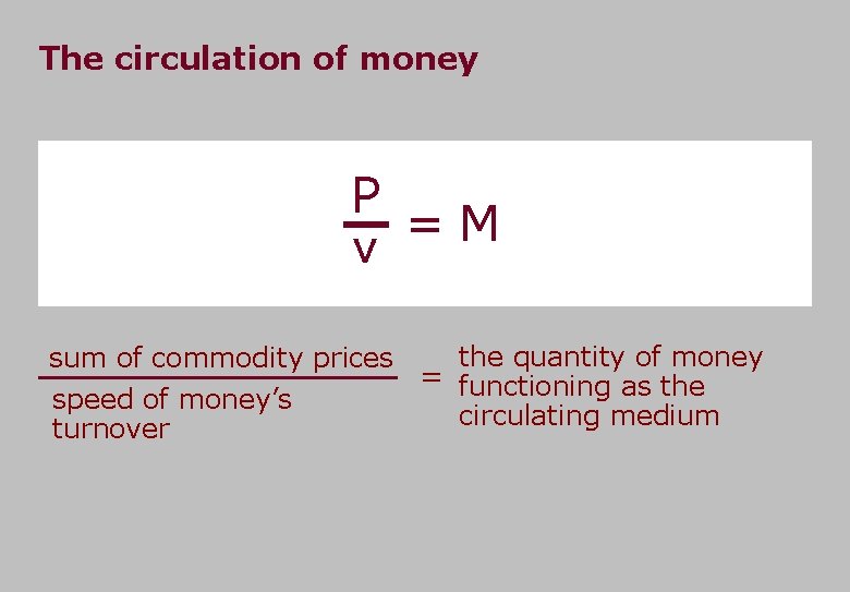The circulation of money P = M v sum of commodity prices speed of