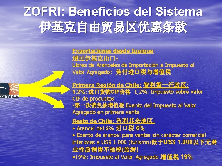 ZOFRI: Beneficios del Sistema 伊基克自由贸易区优惠条款 Exportaciones desde Iquique: 透过伊基克出口： Libres de Aranceles de Importación