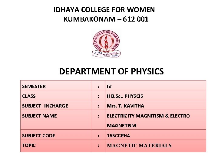 IDHAYA COLLEGE FOR WOMEN KUMBAKONAM – 612 001 DEPARTMENT OF PHYSICS SEMESTER : IV