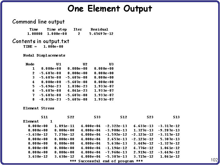 One Element Output Command line output Time step Iter Residual 1. 00000 1. 000