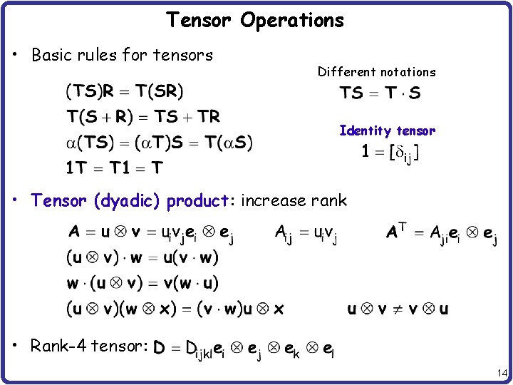 Tensor Operations • Basic rules for tensors Different notations Identity tensor • Tensor (dyadic)