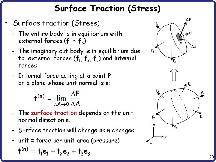 Surface Traction (Stress) • Surface traction (Stress) – The entire body is in equilibrium