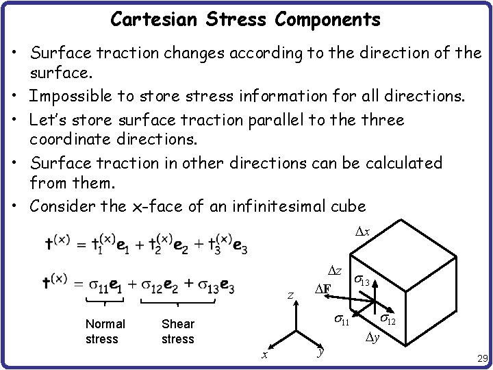 Cartesian Stress Components • Surface traction changes according to the direction of the surface.
