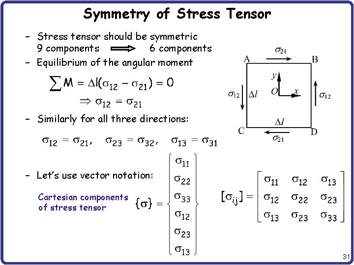 Symmetry of Stress Tensor – Stress tensor should be symmetric 9 components 6 components