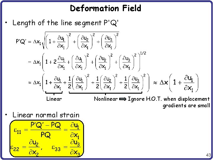 Deformation Field • Length of the line segment P'Q' Linear Nonlinear Ignore H. O.