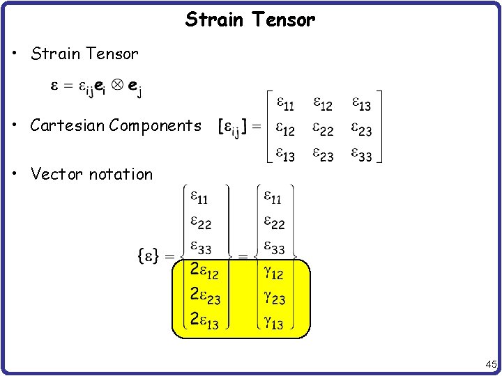 Strain Tensor • Strain Tensor • Cartesian Components • Vector notation 45 