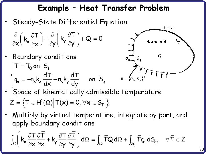Example – Heat Transfer Problem • Steady-State Differential Equation T = T 0 domain