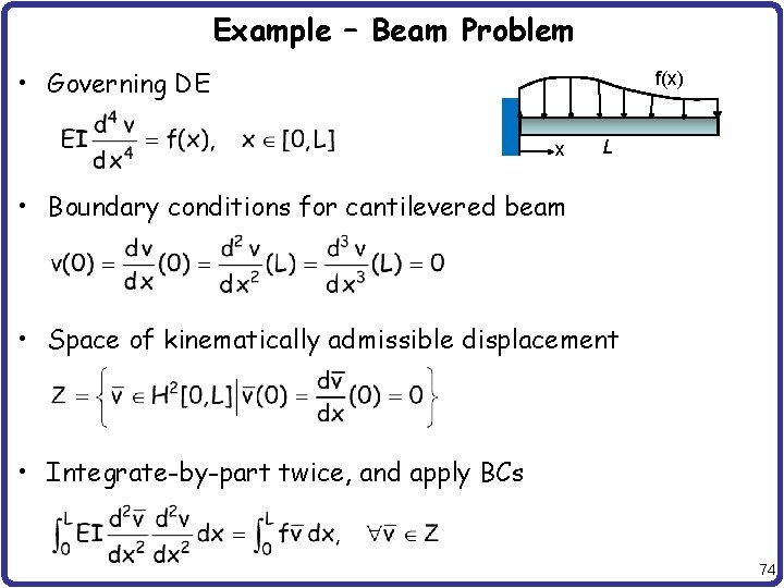Example – Beam Problem • Governing DE f(x) x L • Boundary conditions for