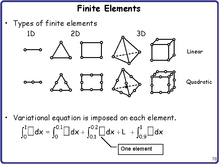 Finite Elements • Types of finite elements 1 D 2 D 3 D Linear