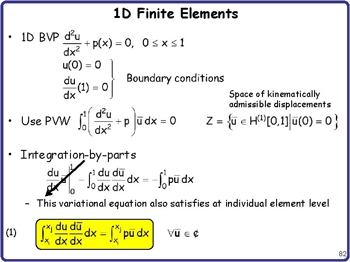 1 D Finite Elements • 1 D BVP Space of kinematically admissible displacements •