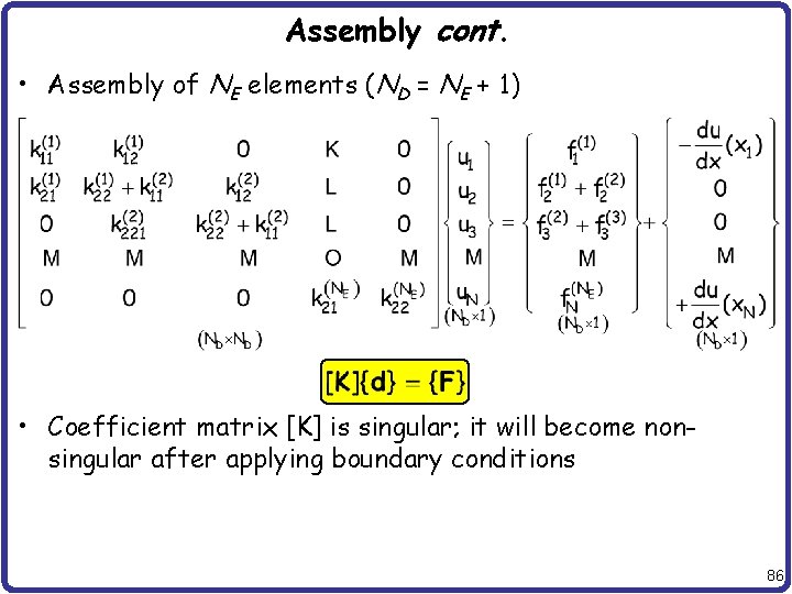 Assembly cont. • Assembly of NE elements (ND = NE + 1) • Coefficient