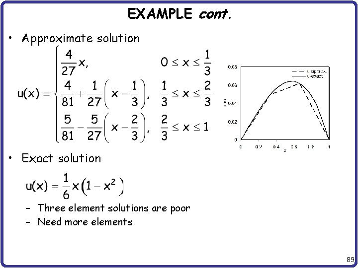 EXAMPLE cont. • Approximate solution • Exact solution – Three element solutions are poor