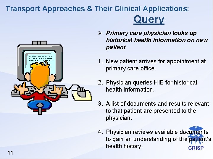 Transport Approaches & Their Clinical Applications: Query Ø Primary care physician looks up historical