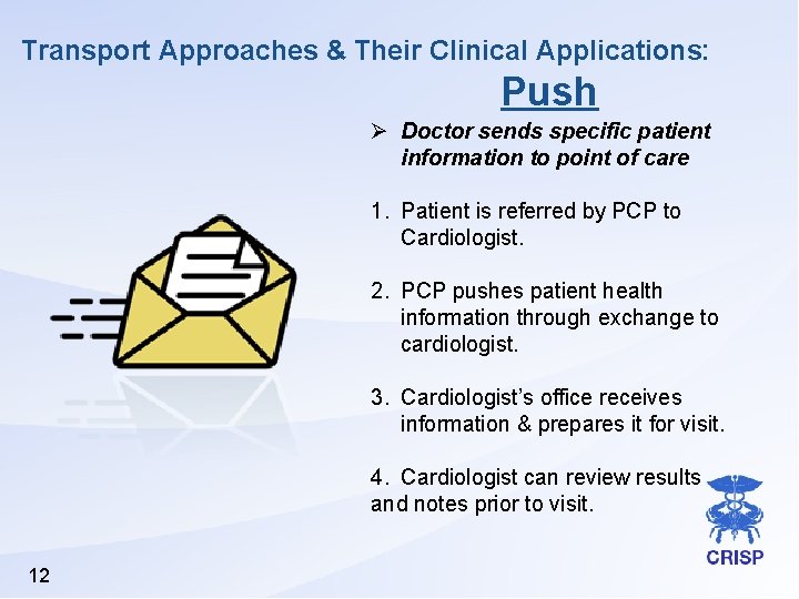 Transport Approaches & Their Clinical Applications: Push Ø Doctor sends specific patient information to