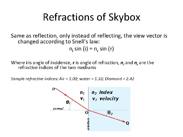 Refractions of Skybox Same as reflection, only instead of reflecting, the view vector is