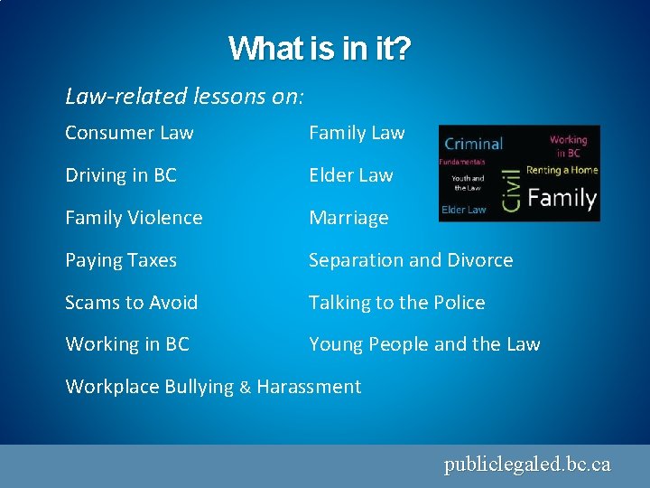 What is in it? Law-related lessons on: Consumer Law Family Law Driving in BC