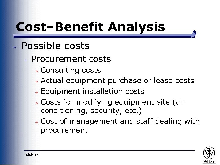 Cost–Benefit Analysis Possible costs Procurement costs Consulting costs ± Actual equipment purchase or lease Cost–Benefit Analysis Possible costs Procurement costs Consulting costs ± Actual equipment purchase or lease