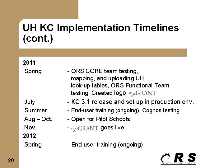 UH KC Implementation Timelines (cont. ) 2011 Spring July Summer Aug – Oct. Nov.