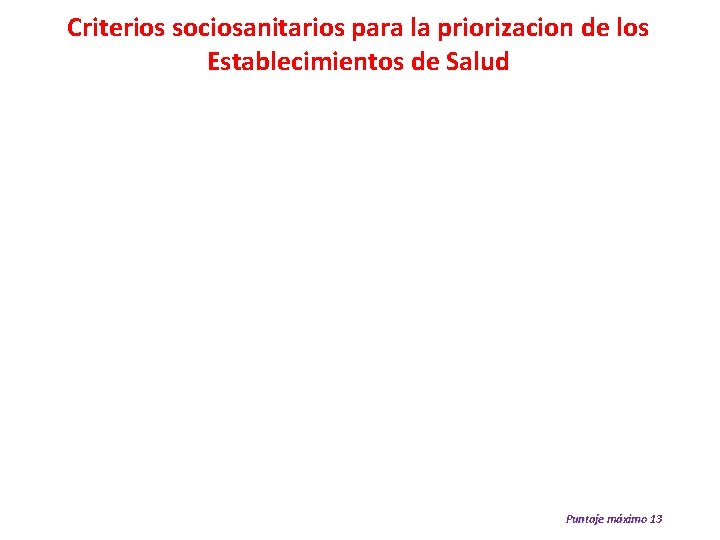 Criterios sociosanitarios para la priorizacion de los Establecimientos de Salud Puntaje máximo 13 