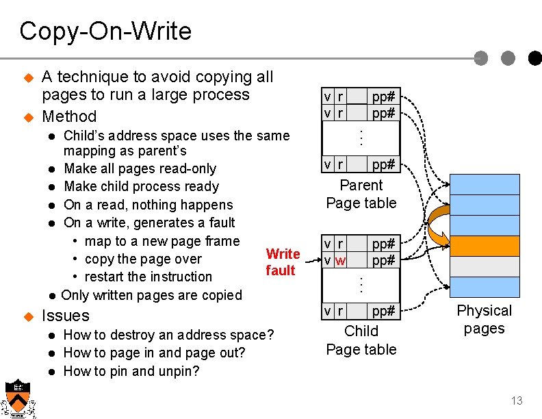 Copy-On-Write u u A technique to avoid copying all pages to run a large