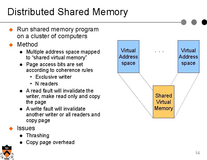 Distributed Shared Memory u u Run shared memory program on a cluster of computers