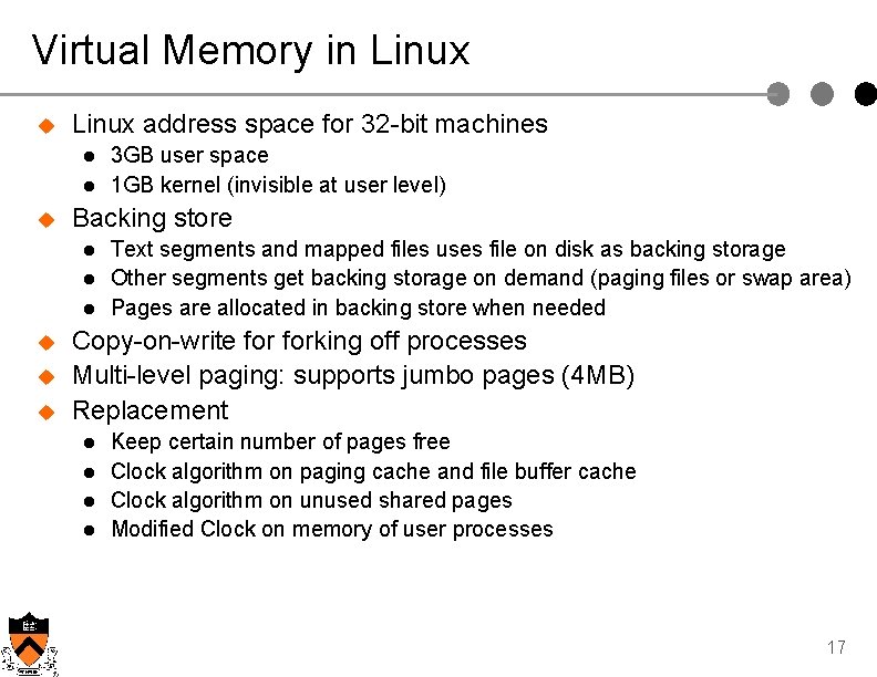 Virtual Memory in Linux u Linux address space for 32 -bit machines l l