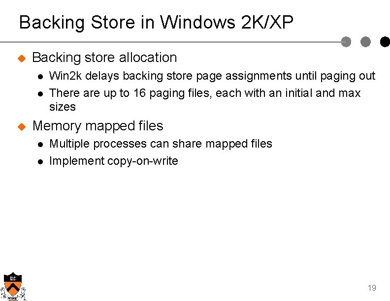 Backing Store in Windows 2 K/XP u Backing store allocation l l u Win